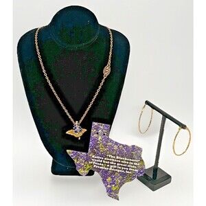 Texas Bluebonnet Rhinestone Pendant Necklace Gold Plated Hoops Earrings Western